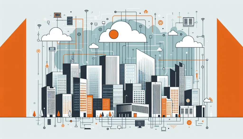 Urbanes, flaches Stadtbild mit Teilen der digitalen Infrastruktur im Schatten, um Blackout-Effekte zu zeigen