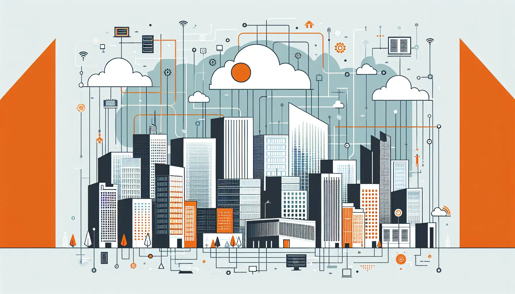 Urbanes, flaches Stadtbild mit Teilen der digitalen Infrastruktur im Schatten, um Blackout-Effekte zu zeigen