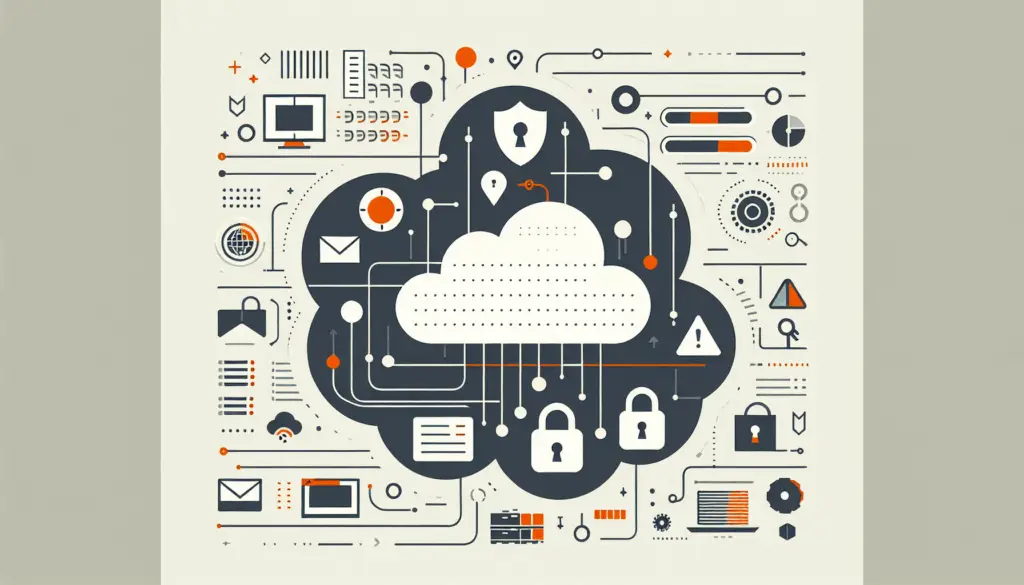 Minimalistisches technisches Bild einer Cloud mit Sicherheits- und Warnsymbolen