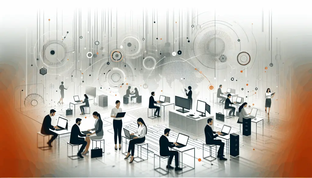 Unternehmensmitarbeiter arbeiten mit IT-Dienstleistern in einer vernetzten, digitalen Umgebung