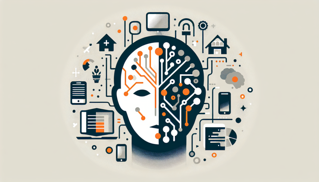 Künstliche Intelligenz im Alltag: Flache Illustration eines geteilten Mensch-KI-Kopfes mit Alltagssymbolen und technischen Schaltkreisen.
