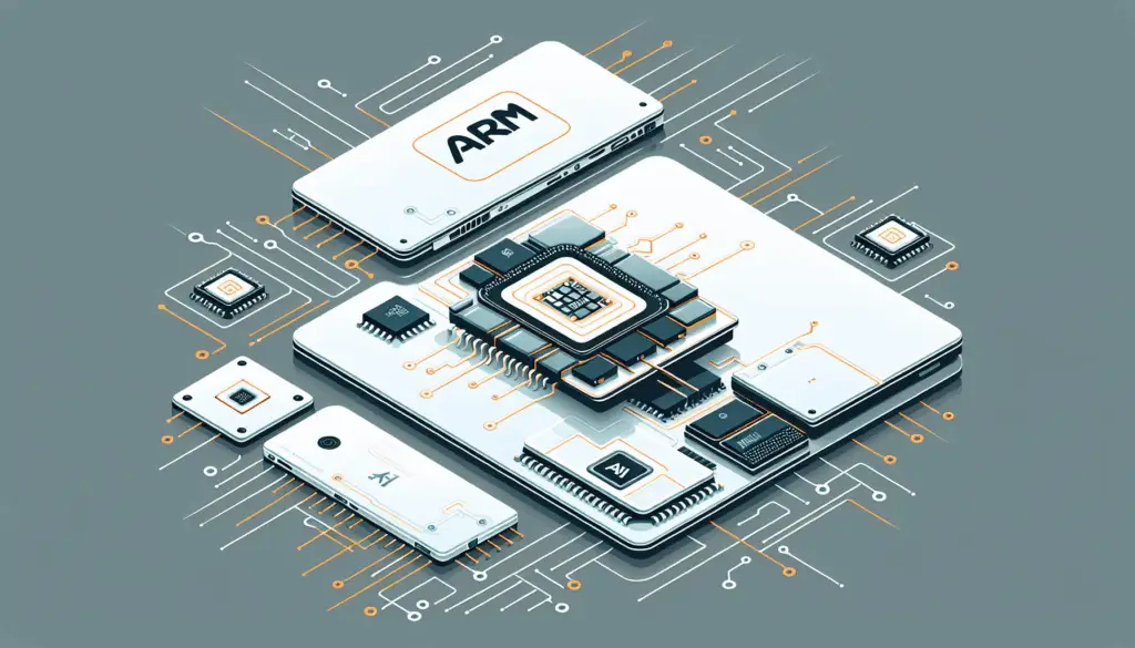 Minimalistische Illustration mehrerer Notebooks mit sichtbaren ARM-Chips und KI-Icons, technische Linien betonen Innovation.