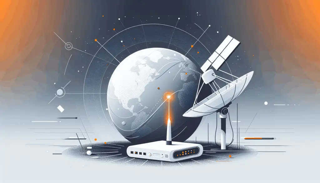 Minimalistische Illustration von Satelliten, die die Erde umkreisen, mit Satellitenschüssel im Vordergrund und technischen Akzenten in Orange und Dunkelgrau.