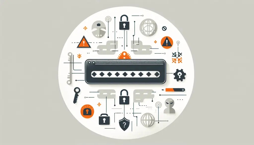 Illustration eines offenen Passwortfelds mit schwachem Passwort und umgebenden Cyber-Bedrohungssymbolen im minimalistischen IT-Stil.