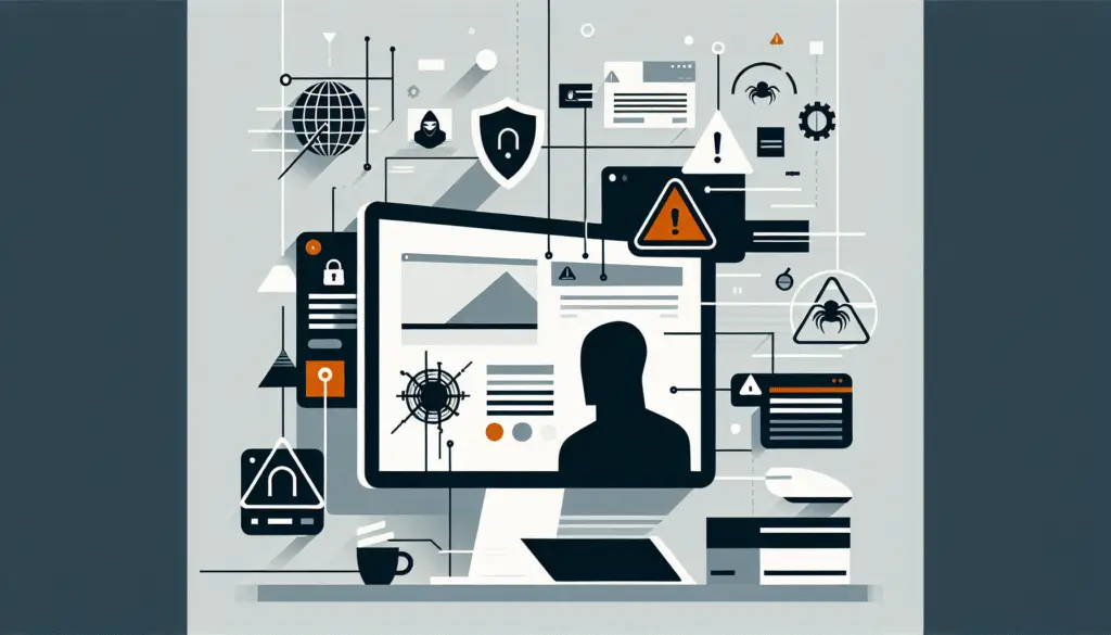 Flaches, minimalistisches Bild mit versteckten Fallen und Warnsymbolen auf einem digitalen Interface, stilisierte Cyberkriminellen-Silhouette im Hintergrund.