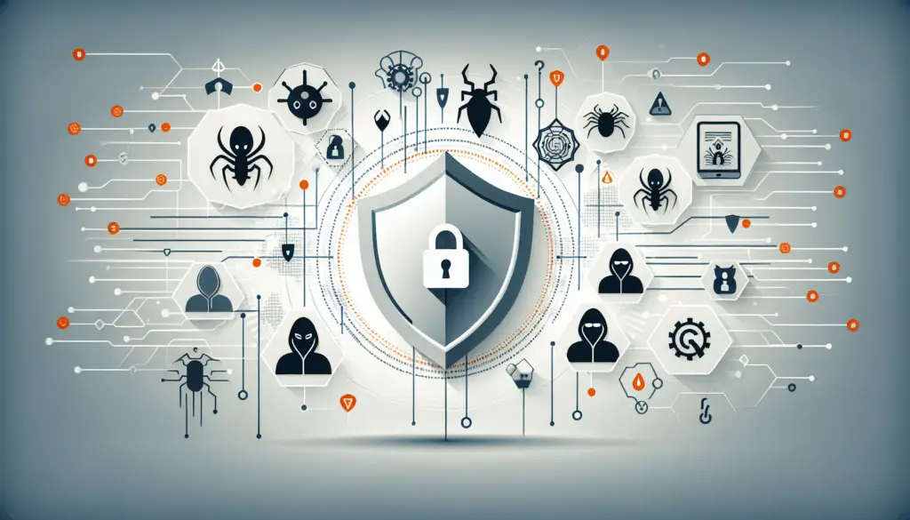 Flache minimalistische Illustration eines digitalen Schildes mit unsichtbaren Bedrohungen und sicheren Datenströmen, passend zum Thema Cybersicherheit 2025