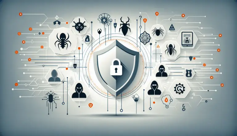 Flache minimalistische Illustration eines digitalen Schildes mit unsichtbaren Bedrohungen und sicheren Datenströmen, passend zum Thema Cybersicherheit 2025