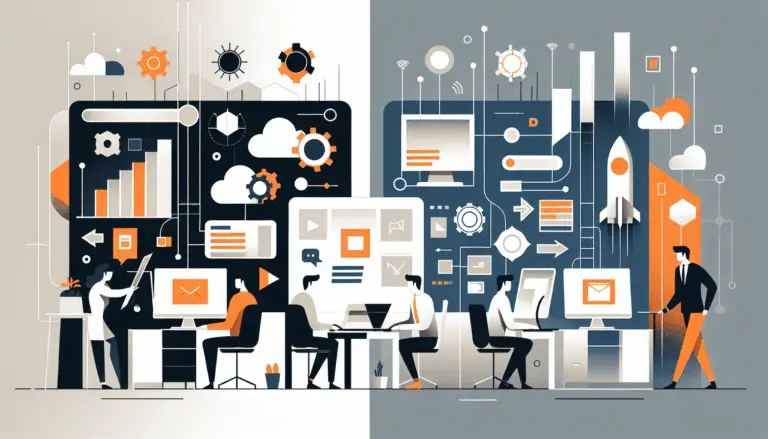 Minimalistisches Titelbild mit Microsoft- und Google-Arbeitsplätzen im modernen Büro