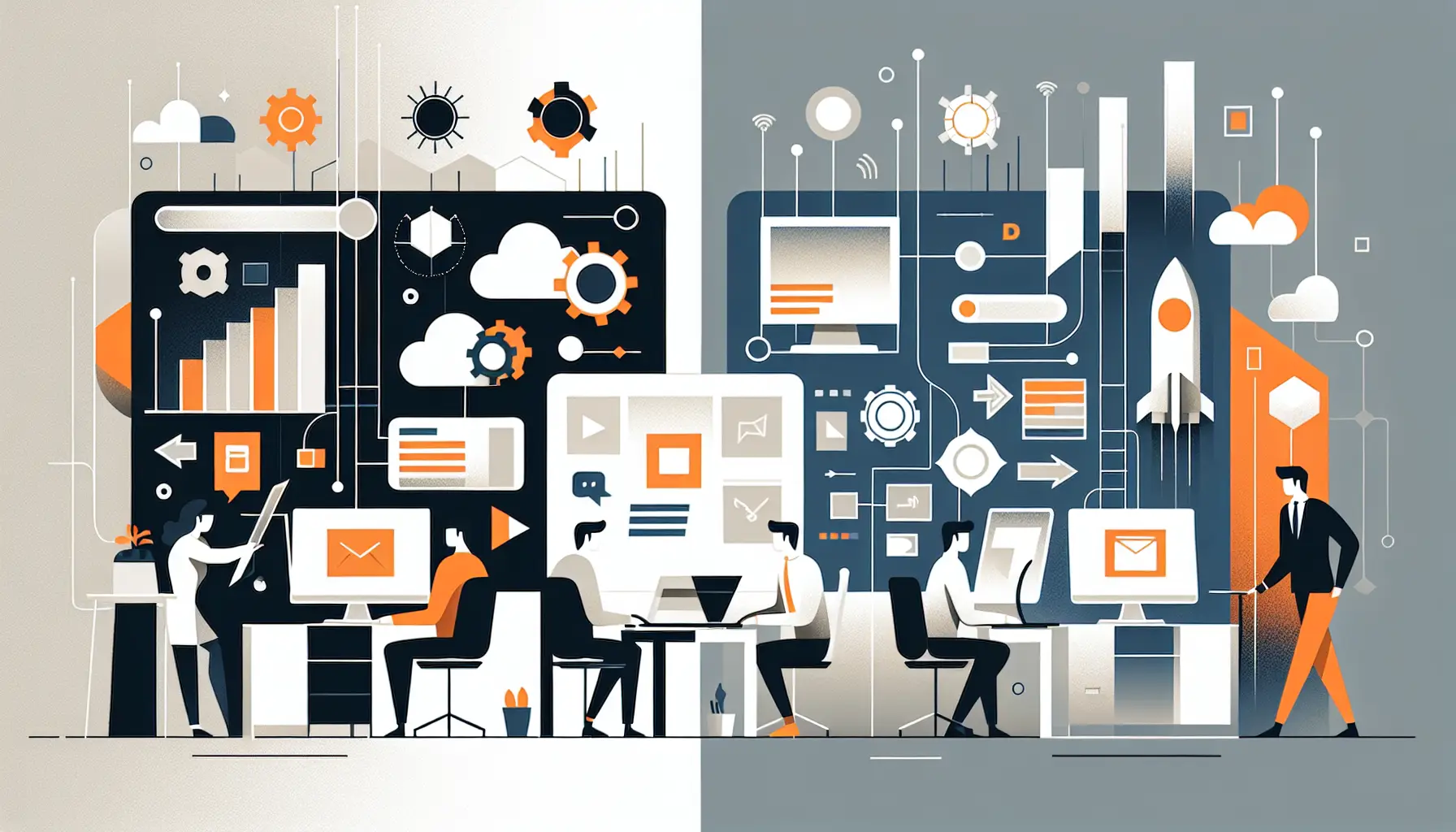 Minimalistisches Titelbild mit Microsoft- und Google-Arbeitsplätzen im modernen Büro