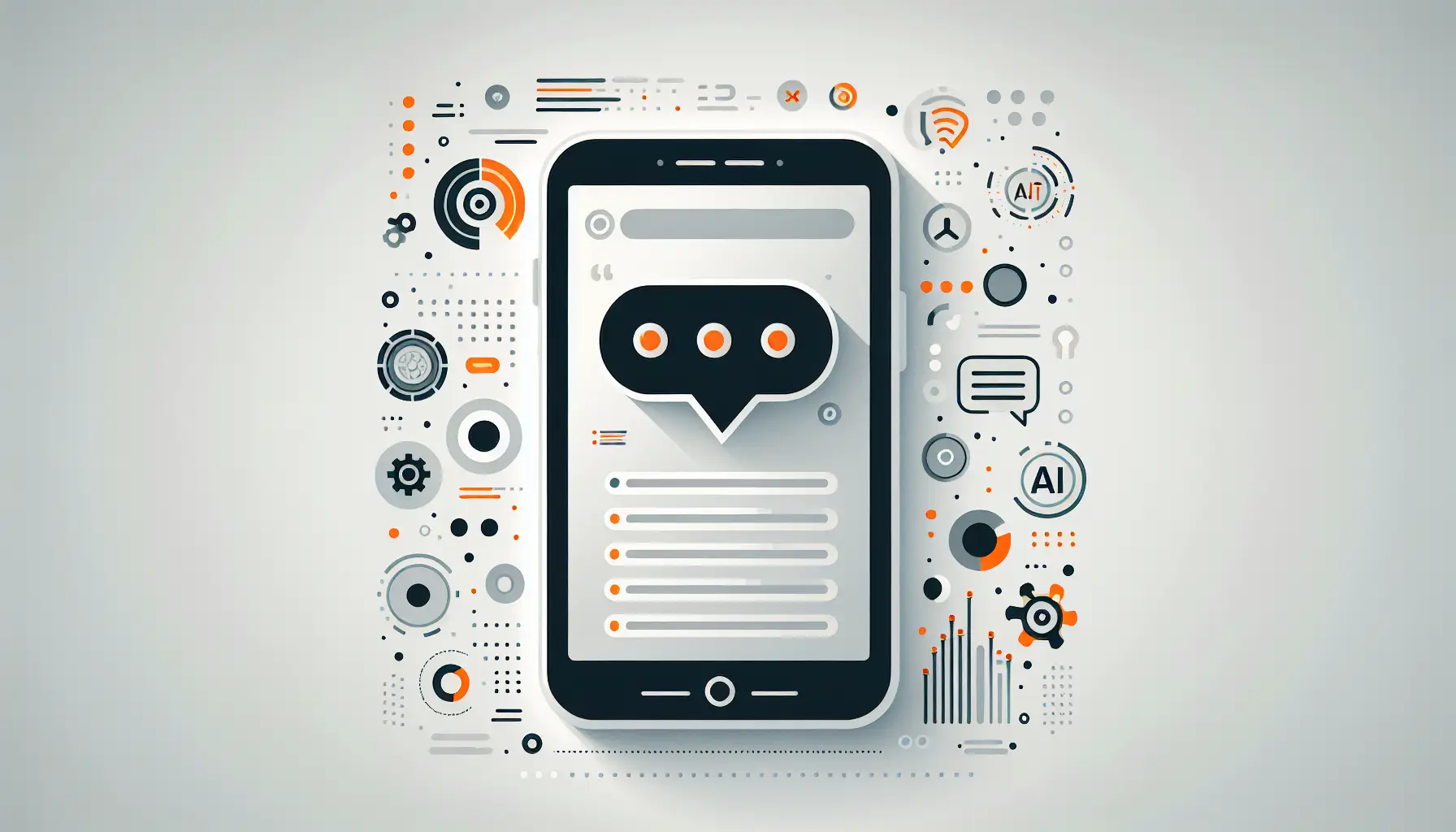 Minimalistisches Bild eines Smartphones mit innovativen KI-Funktionen im WhatsApp-Chat, stilisiert in Weiß, Hellgrau, Orange und Dunkelgrau.