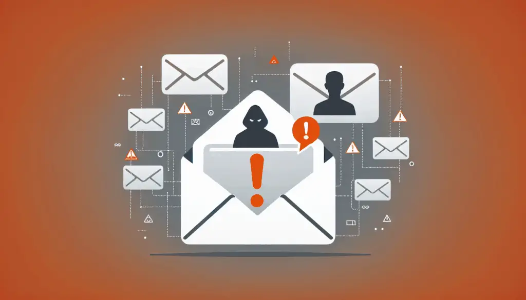 Flat Design Illustration: Hacker-Schatten und schwebende SVG-Bildsymbole über E-Mail-Postfach, Warnsymbol in Orange