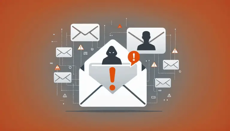 Flat Design Illustration: Hacker-Schatten und schwebende SVG-Bildsymbole über E-Mail-Postfach, Warnsymbol in Orange