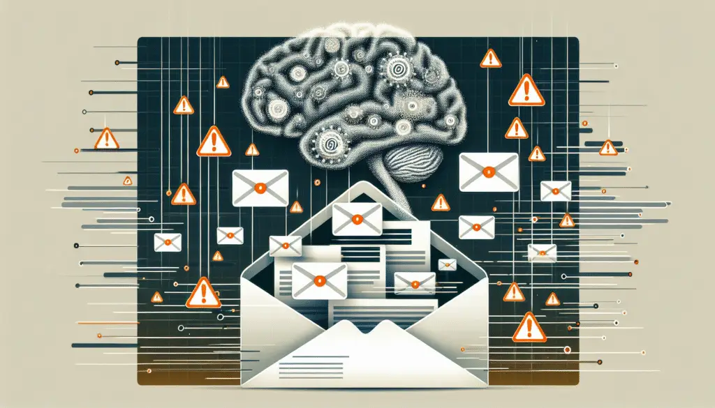 Illustration eines E-Mail-Postfachs, das von KI-generiertem Spam überflutet wird.