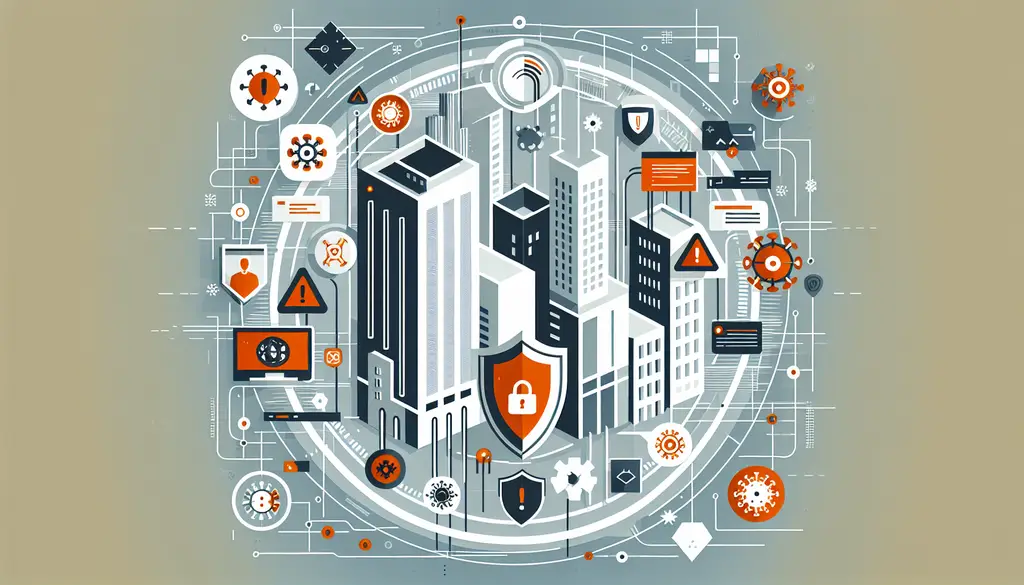 Cybergefahren 2025 – Abstraktes IT-Unternehmensnetzwerk mit Sicherheits-Icons im modernen, minimalistischen Stil