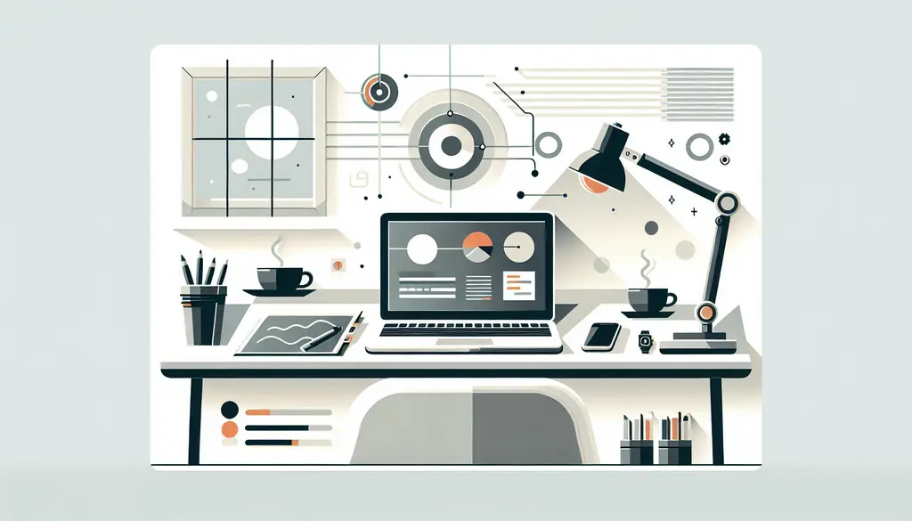 Minimalistische Illustration eines modernen Homeoffice-Platzes mit Laptop, Kaffeetasse und IT-Accessoires in Weiß, Hellgrau, Orange und Dunkelgrau