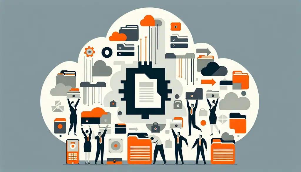 Symbolhafte Darstellung, wie Unternehmen digitale Datenballast entsorgen und dadurch sicherer, effizienter und nachhaltiger werden, mit minimalistischem Technikstil in Weiß, Hellgrau, Orange und Dunkelgrau.