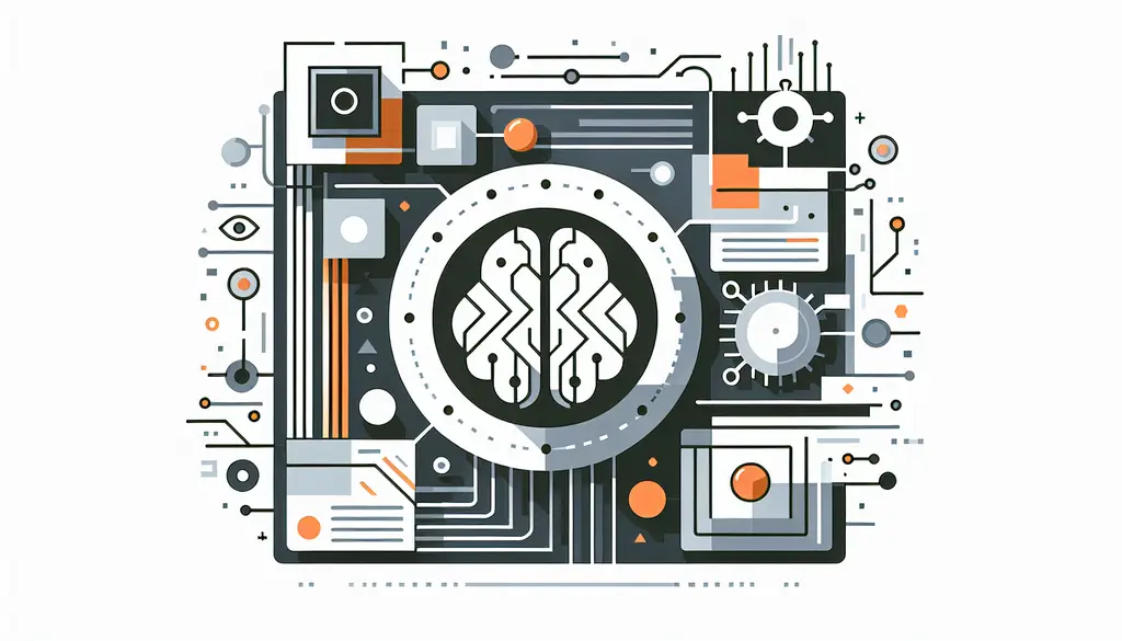 Minimalistisches Windows-11-Logo mit KI-Symbolen, helle Farben und Akzenttöne in Orange.