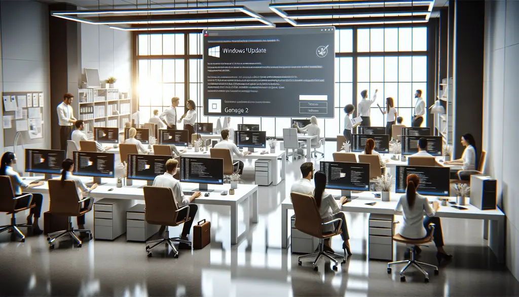 Moderne IT-Arbeitsumgebung mit Windows 11 Update-Hinweis auf Computerbildschirm, umgeben von IT-Fachleuten in heller, freundlicher Büroatmosphäre.