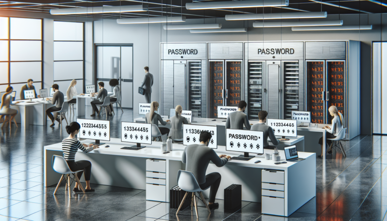 Moderne IT-Arbeitsumgebung mit Mitarbeitern an Laptops, Schwachstelle Passwortsicherheit sichtbar.