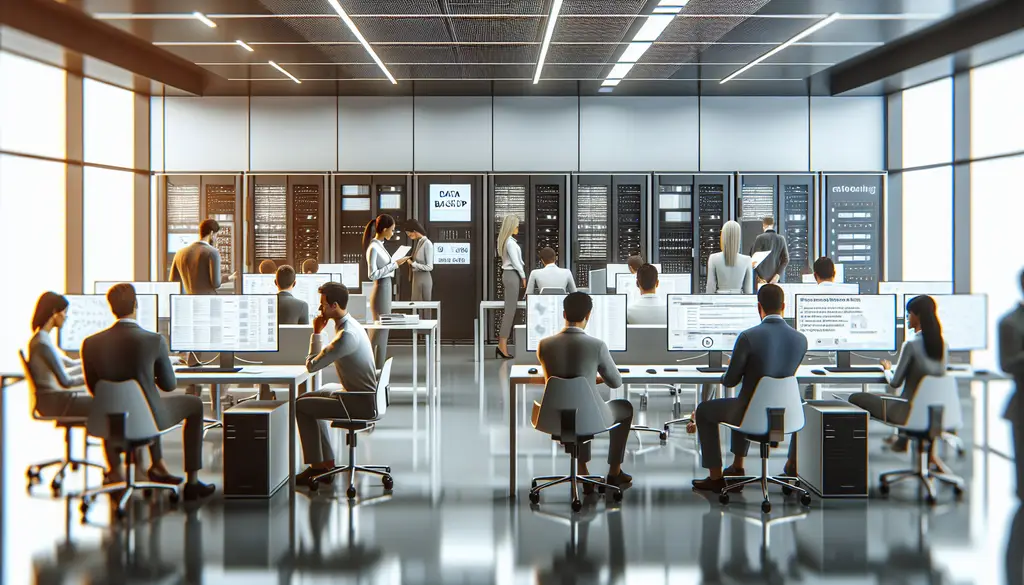 IT-Profis prüfen moderne Backup-Lösungen in heller, technischer Büroumgebung mit Serverracks und Warnmeldungen auf Monitoren