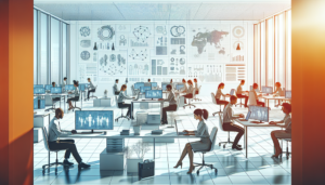 Moderne Büro-Szene mit Mitarbeitenden aus dem Mittelstand, die mit Laptops und KI-Tools arbeiten.